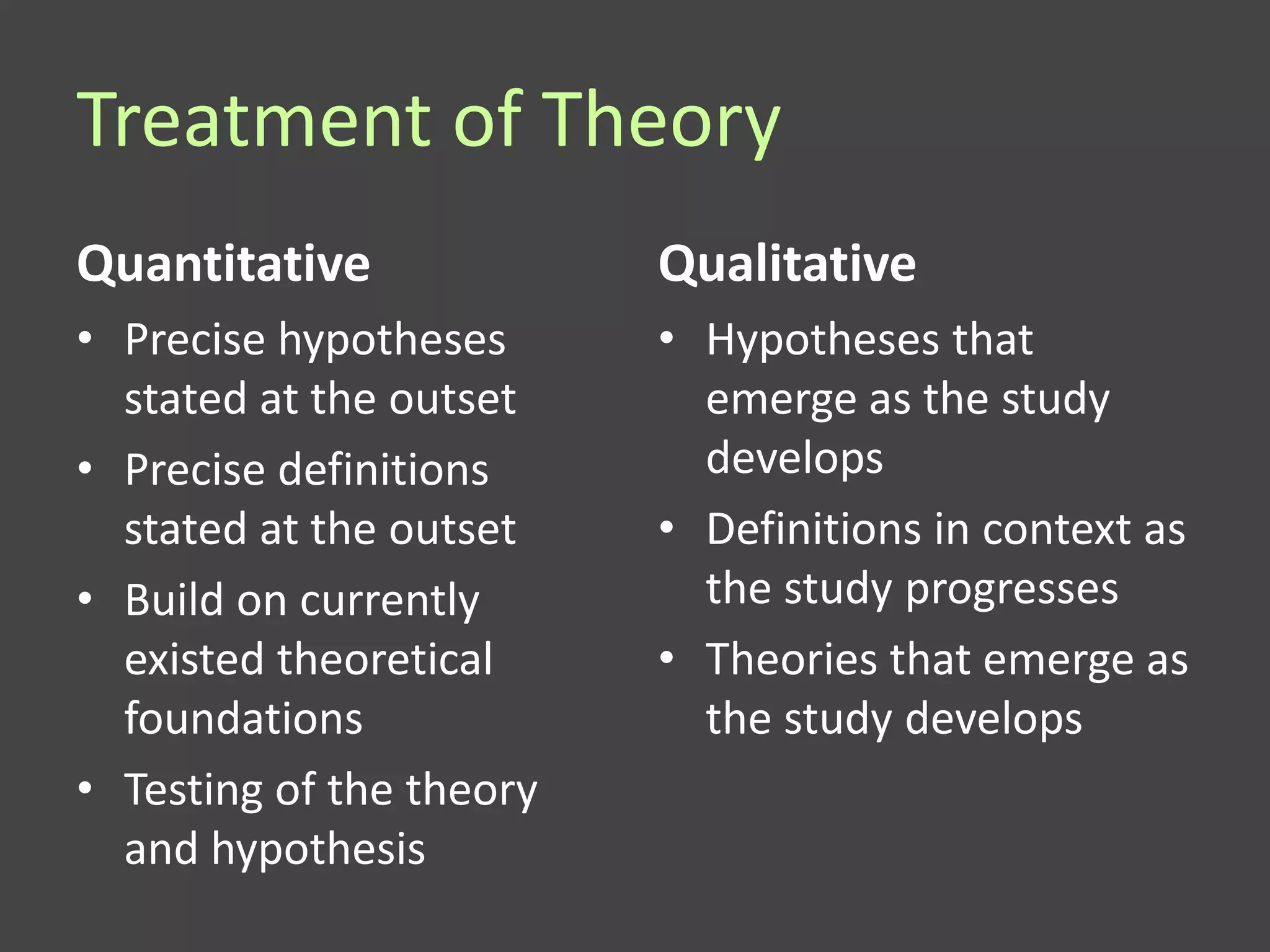 Treatment of Theory
Quantitative              Qualitative
• Precise hypotheses      • Hypotheses that
  stated at the outset      emerge as the study
• Precise definitions       develops
  stated at the outset    • Definitions in context as
• Build on currently        the study progresses
  existed theoretical     • Theories that emerge as
  foundations               the study develops
• Testing of the theory
  and hypothesis
 