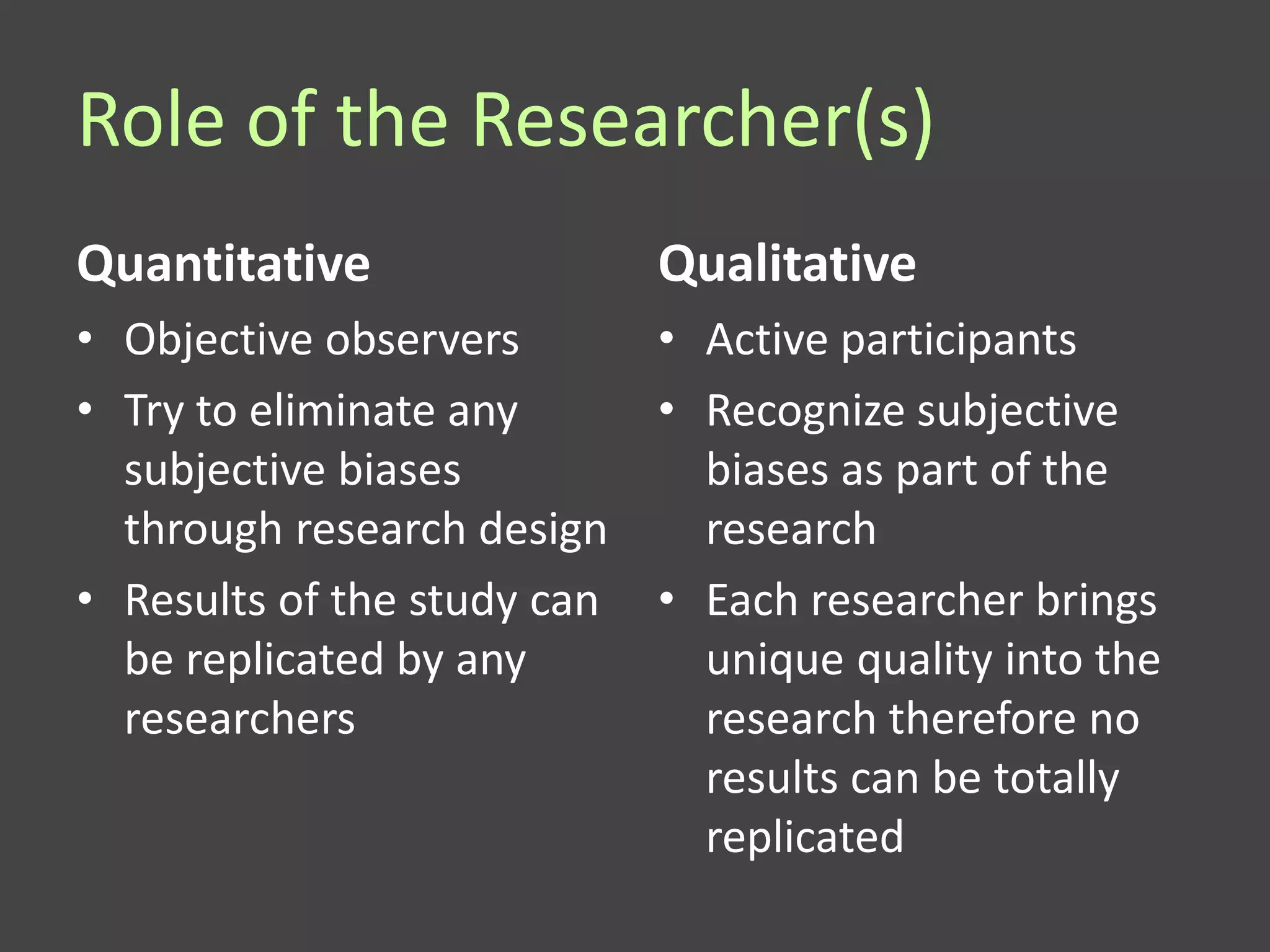 Role of the Researcher(s)
Quantitative                 Qualitative
• Objective observers        • Active participants
• Try to eliminate any       • Recognize subjective
  subjective biases            biases as part of the
  through research design      research
• Results of the study can   • Each researcher brings
  be replicated by any         unique quality into the
  researchers                  research therefore no
                               results can be totally
                               replicated
 