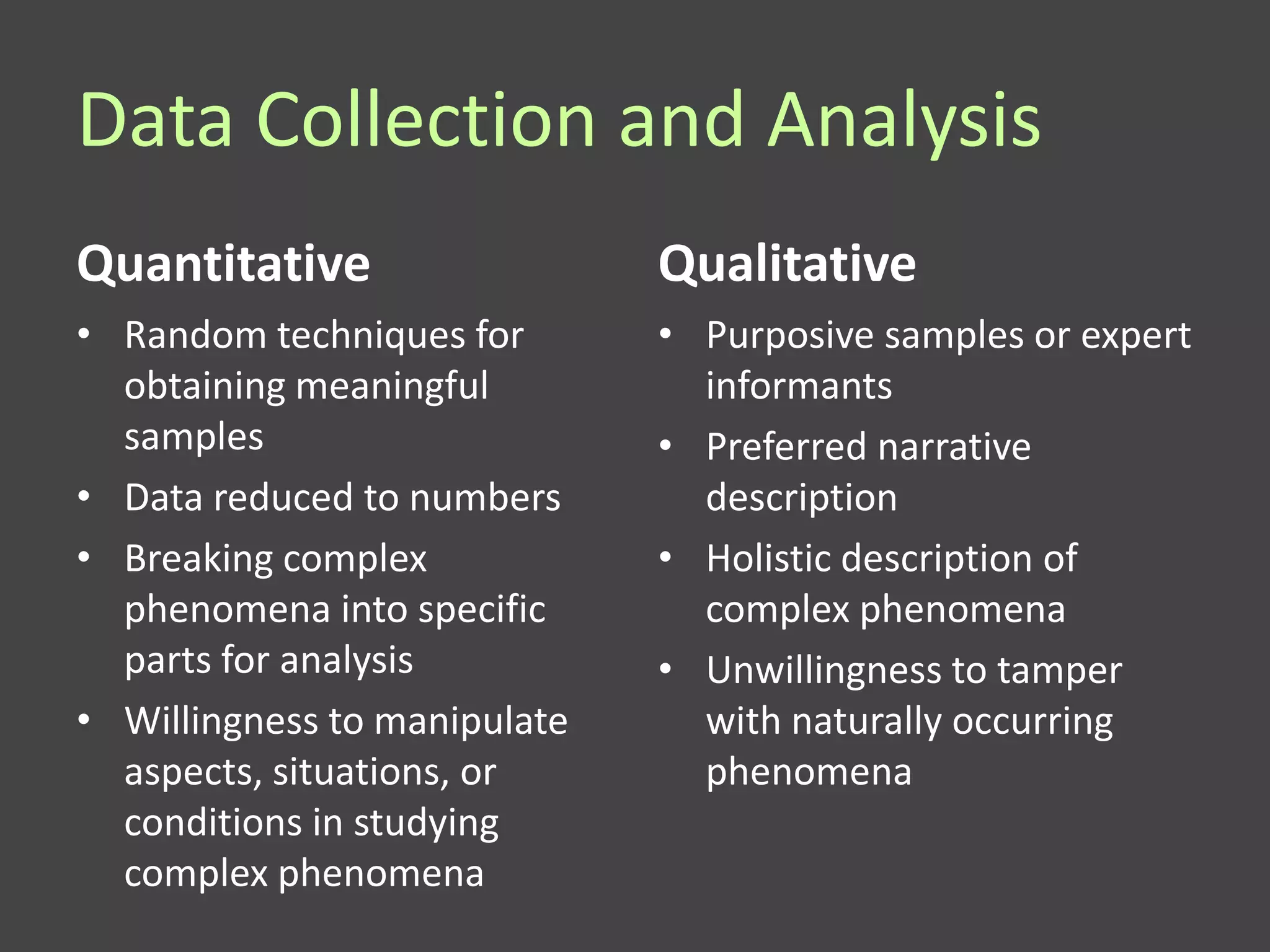 Data Collection and Analysis
Quantitative                  Qualitative
• Random techniques for       • Purposive samples or expert
  obtaining meaningful          informants
  samples                     • Preferred narrative
• Data reduced to numbers       description
• Breaking complex            • Holistic description of
  phenomena into specific       complex phenomena
  parts for analysis          • Unwillingness to tamper
• Willingness to manipulate     with naturally occurring
  aspects, situations, or       phenomena
  conditions in studying
  complex phenomena
 
