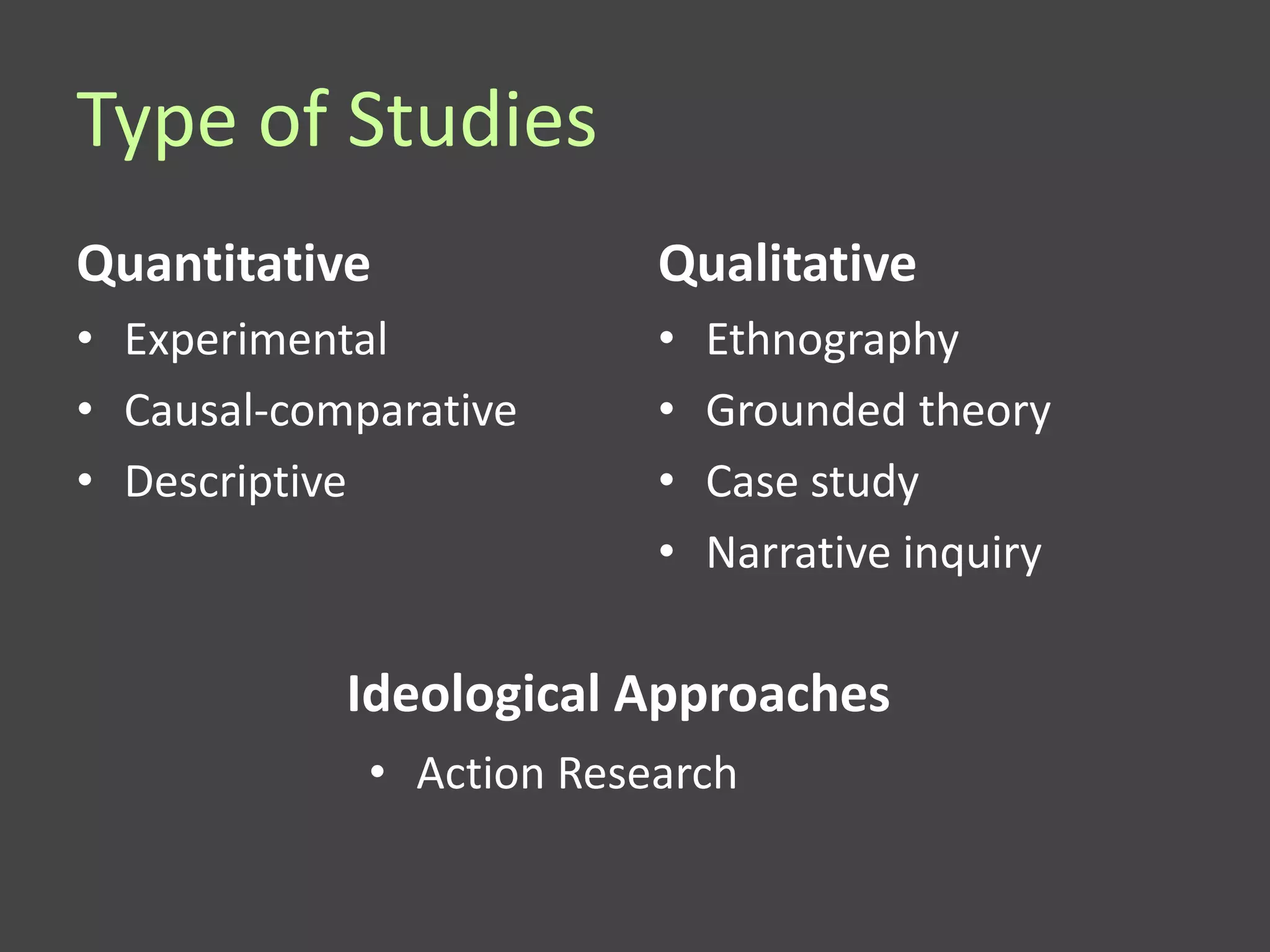 Type of Studies
Quantitative              Qualitative
• Experimental            •   Ethnography
• Causal-comparative      •   Grounded theory
• Descriptive             •   Case study
                          •   Narrative inquiry

            Ideological Approaches
             • Action Research
 