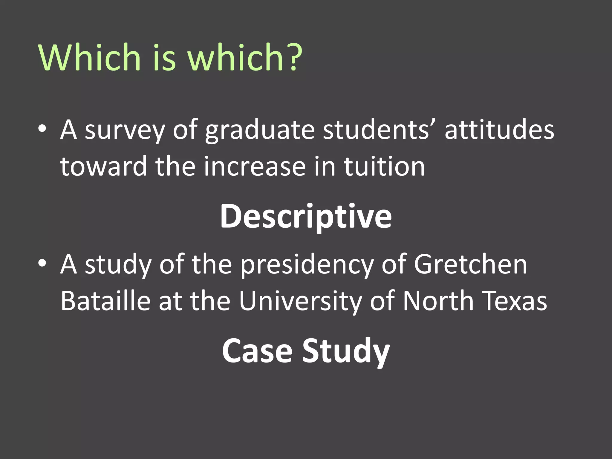Which is which?
• A survey of graduate students’ attitudes
  toward the increase in tuition
               Descriptive
• A study of the presidency of Gretchen
  Bataille at the University of North Texas
               Case Study
 