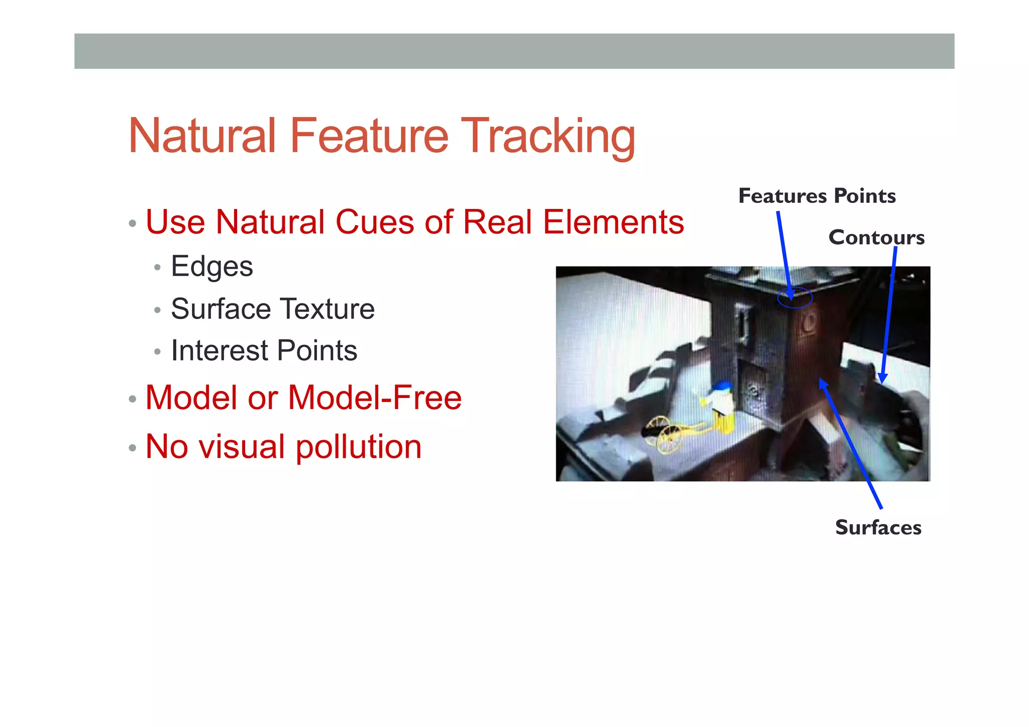 Natural Feature Tracking
• Use Natural Cues of Real Elements
•  Edges
•  Surface Texture
•  Interest Points
• Model or Model-Free
• No visual pollution
Contours
Features Points
Surfaces
 
