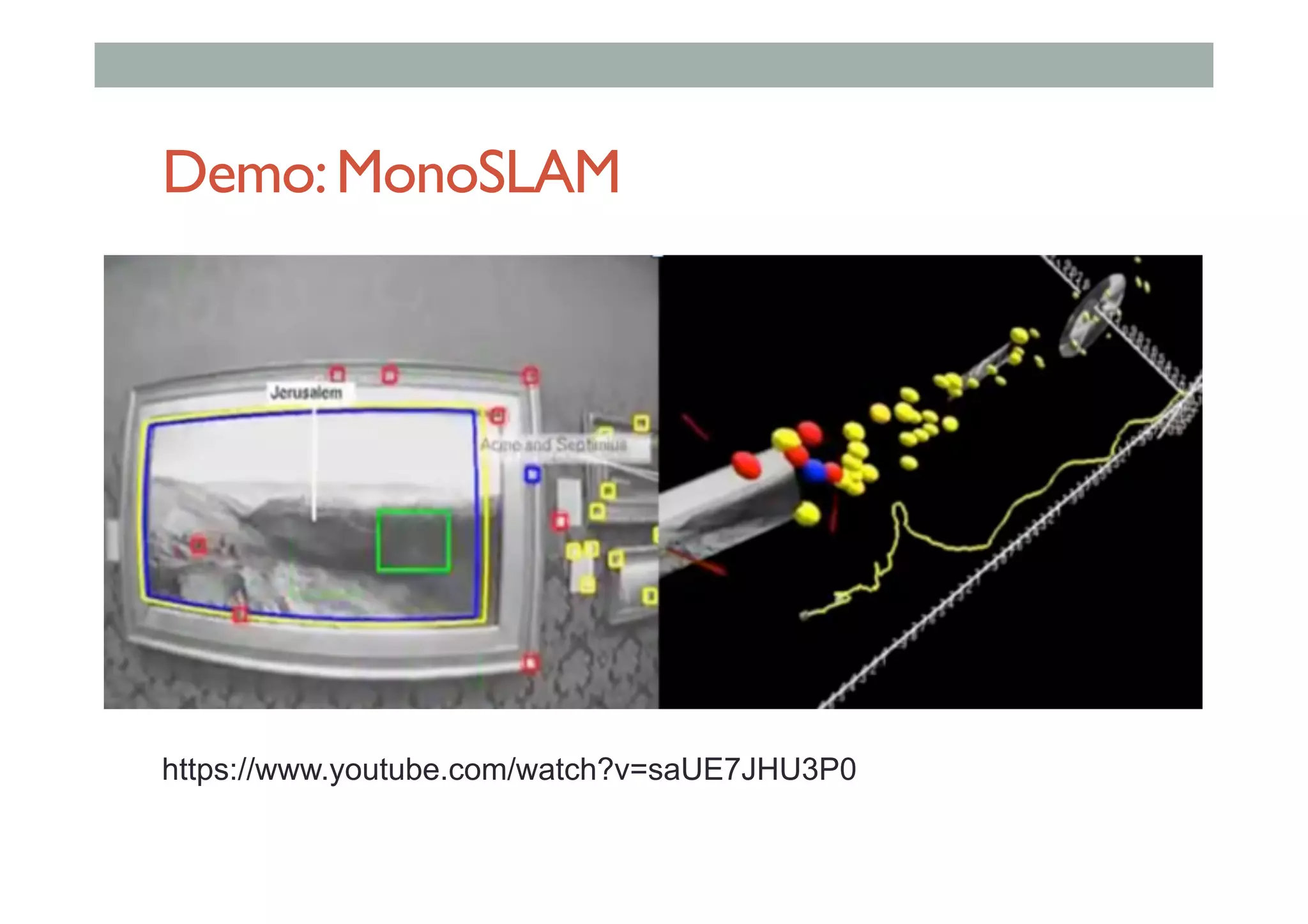 Demo:MonoSLAM
https://www.youtube.com/watch?v=saUE7JHU3P0
 