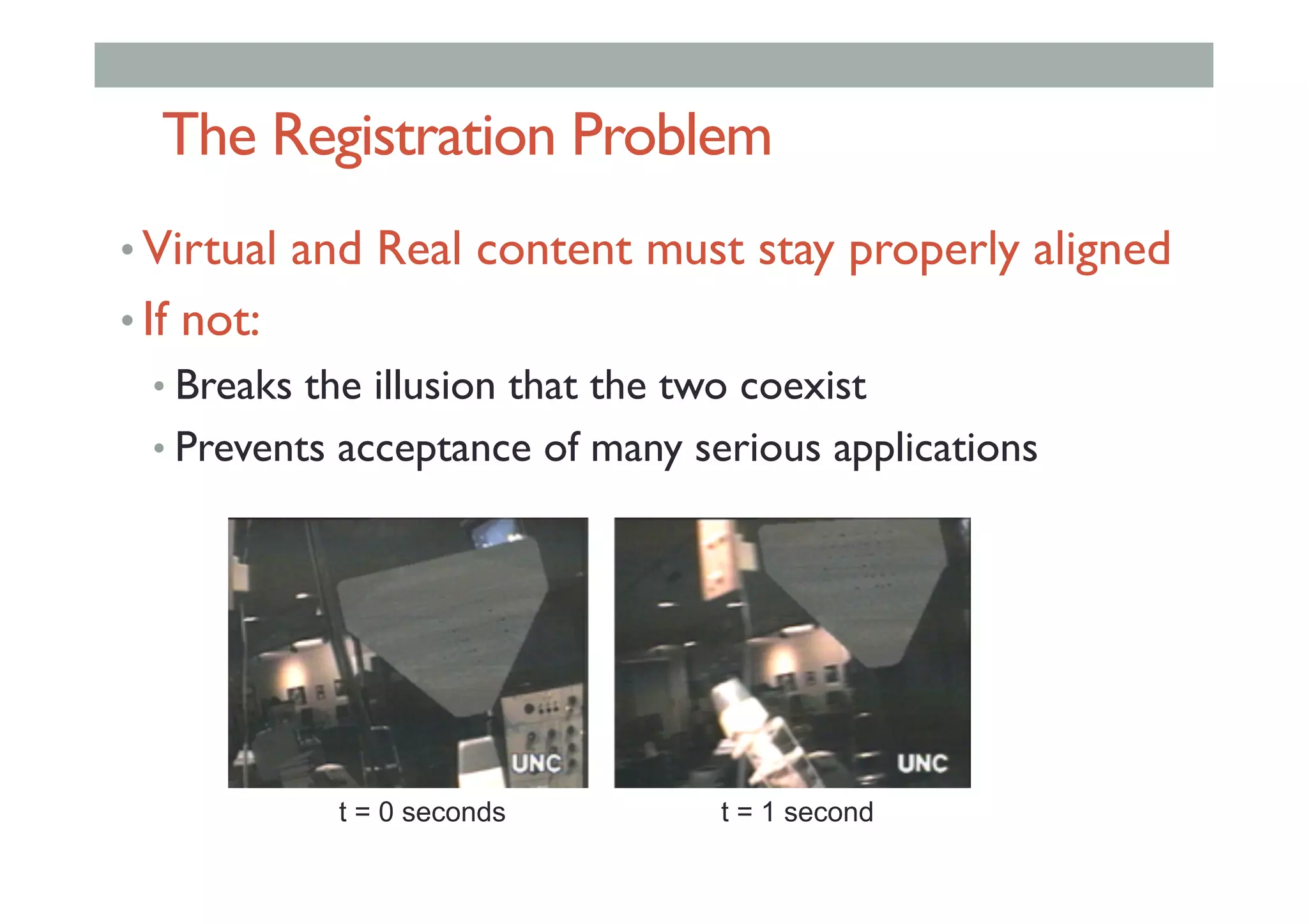 The Registration Problem
• Virtual and Real content must stay properly aligned
• If not:
• Breaks the illusion that the two coexist
• Prevents acceptance of many serious applications
t = 0 seconds t = 1 second
 
