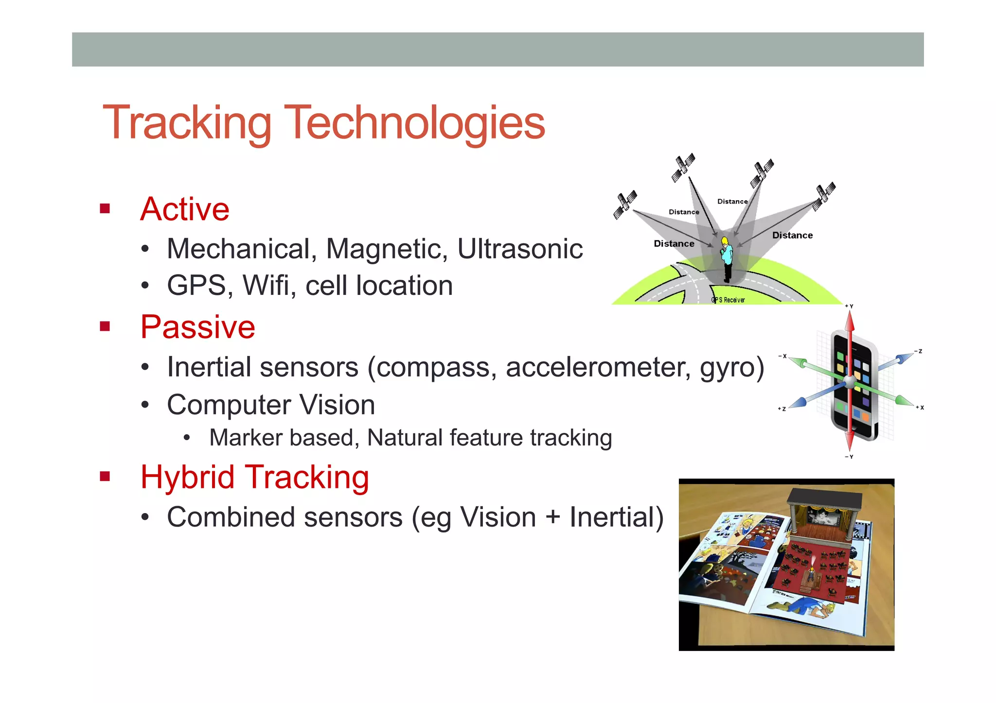 Tracking Technologies
!  Active
•  Mechanical, Magnetic, Ultrasonic
•  GPS, Wifi, cell location
!  Passive
•  Inertial sensors (compass, accelerometer, gyro)
•  Computer Vision
•  Marker based, Natural feature tracking
!  Hybrid Tracking
•  Combined sensors (eg Vision + Inertial)
 
