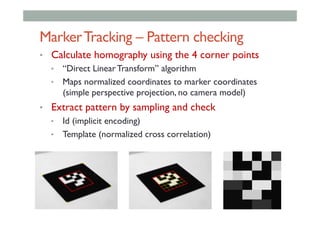 MarkerTracking – Pattern checking
•  Calculate homography using the 4 corner points
•  “Direct Linear Transform” algorithm
•  Maps normalized coordinates to marker coordinates
(simple perspective projection, no camera model)
•  Extract pattern by sampling and check
•  Id (implicit encoding)
•  Template (normalized cross correlation)
 