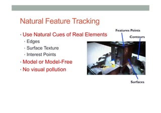 Natural Feature Tracking
• Use Natural Cues of Real Elements
•  Edges
•  Surface Texture
•  Interest Points
• Model or Model-Free
• No visual pollution
Contours
Features Points
Surfaces
 