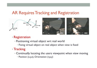 AR RequiresTracking and Registration
• Registration
•  Positioning virtual object wrt real world
•  Fixing virtual object on real object when view is fixed
• Tracking
•  Continually locating the users viewpoint when view moving
•  Position (x,y,z), Orientation (r,p,y)
 