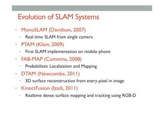 Evolution of SLAM Systems
•  MonoSLAM (Davidson, 2007)
•  Real time SLAM from single camera
•  PTAM (Klein, 2009)
•  First SLAM implementation on mobile phone
•  FAB-MAP (Cummins, 2008)
•  Probabilistic Localization and Mapping
•  DTAM (Newcombe, 2011)
•  3D surface reconstruction from every pixel in image
•  KinectFusion (Izadi, 2011)
•  Realtime dense surface mapping and tracking using RGB-D
 