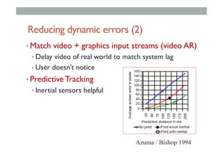 Reducing dynamic errors (2)
• Match video + graphics input streams (video AR)
• Delay video of real world to match system lag
• User doesn’t notice
• Predictive Tracking
• Inertial sensors helpful
Azuma / Bishop 1994
 