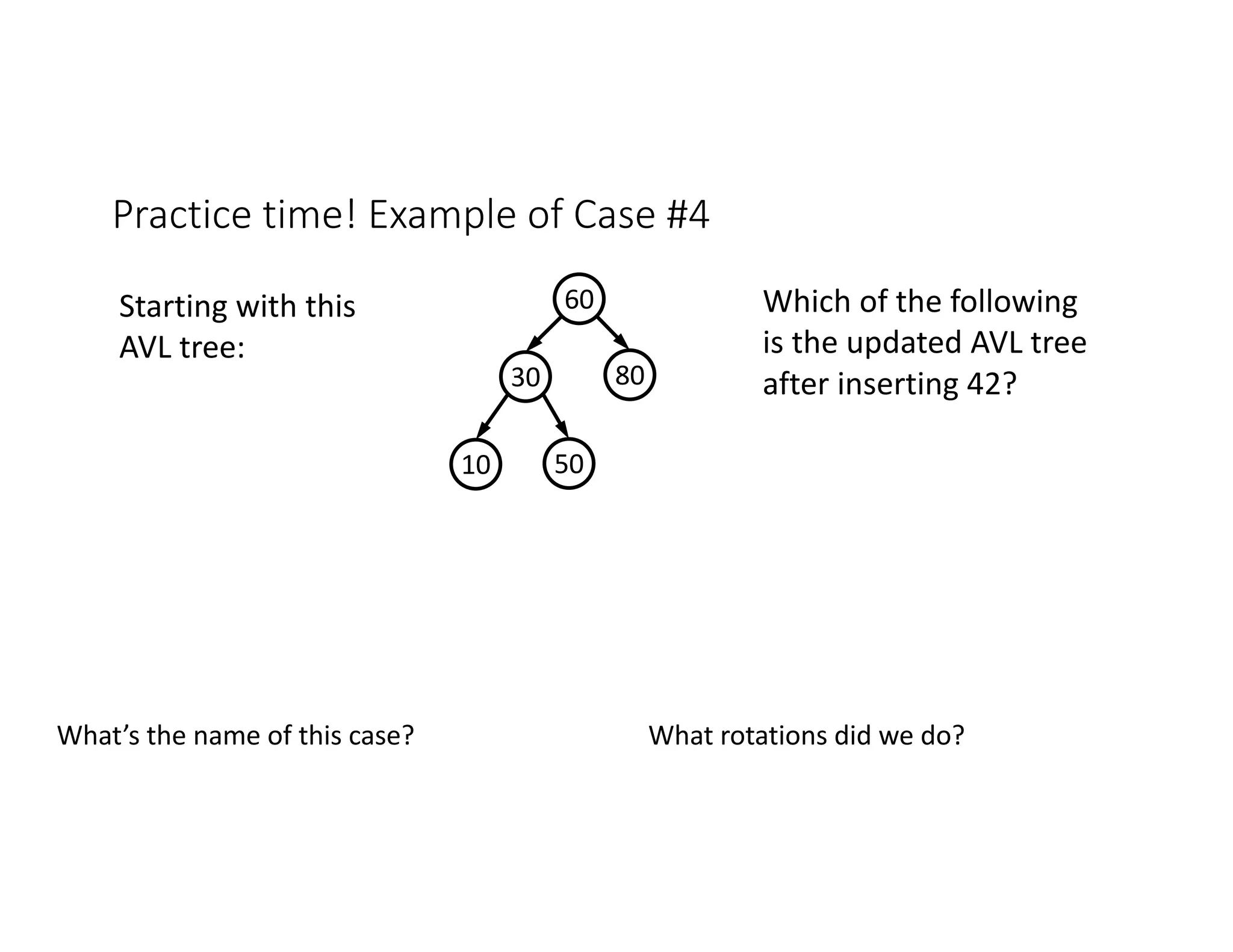 Practice time! Example of Case #4
50
10
80
30
60 Which of the following
is the updated AVL tree
after inserting 42?
Starting with this
AVL tree:
What rotations did we do?
What’s the name of this case?
 