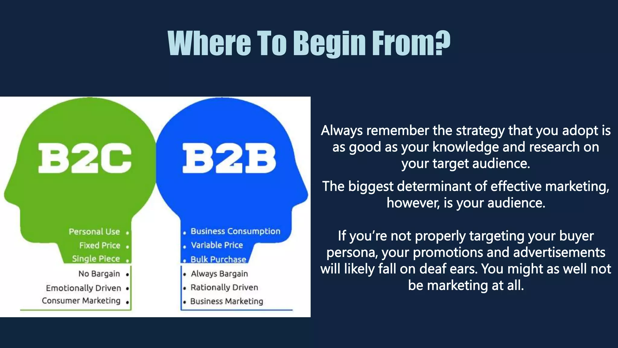 Where To Begin From?
The biggest determinant of effective marketing,
however, is your audience.
If you’re not properly targeting your buyer
persona, your promotions and advertisements
will likely fall on deaf ears. You might as well not
be marketing at all.
Always remember the strategy that you adopt is
as good as your knowledge and research on
your target audience.
 
