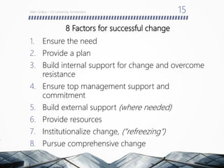 8 Factors for successful change
1. Ensure the need
2. Provide a plan
3. Build internal support for change and overcome
resistance
4. Ensure top management support and
commitment
5. Build external support (where needed)
6. Provide resources
7. Institutionalize change, (“refreezing”)
8. Pursue comprehensive change
Allen Grabo – VU University Amsterdam 15
 