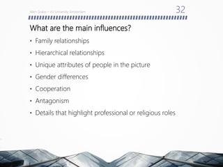 What are the main influences?
• Family relationships
• Hierarchical relationships
• Unique attributes of people in the picture
• Gender differences
• Cooperation
• Antagonism
• Details that highlight professional or religious roles
Allen Grabo – VU University Amsterdam 32
 