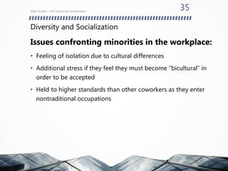 Diversity and Socialization
Issues confronting minorities in the workplace:
• Feeling of isolation due to cultural differences
• Additional stress if they feel they must become “bicultural” in
order to be accepted
• Held to higher standards than other coworkers as they enter
nontraditional occupations
Allen Grabo – VU University Amsterdam
35
 