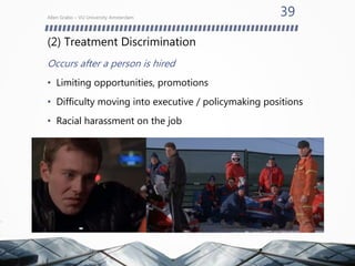 (2) Treatment Discrimination
Occurs after a person is hired
• Limiting opportunities, promotions
• Difficulty moving into executive / policymaking positions
• Racial harassment on the job
Allen Grabo – VU University Amsterdam
39
 