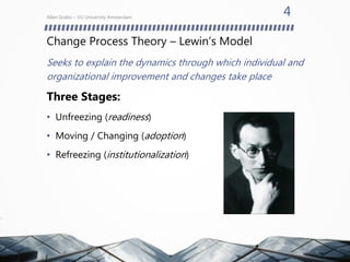 Change Process Theory – Lewin’s Model
Seeks to explain the dynamics through which individual and
organizational improvement and changes take place
Three Stages:
• Unfreezing (readiness)
• Moving / Changing (adoption)
• Refreezing (institutionalization)
Allen Grabo – VU University Amsterdam
4
 