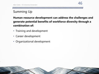 Summing Up
Human resource development can address the challenges and
generate potential benefits of workforce diversity through a
combination of:
• Training and development
• Career development
• Organizational development
Allen Grabo – VU University Amsterdam
46
 