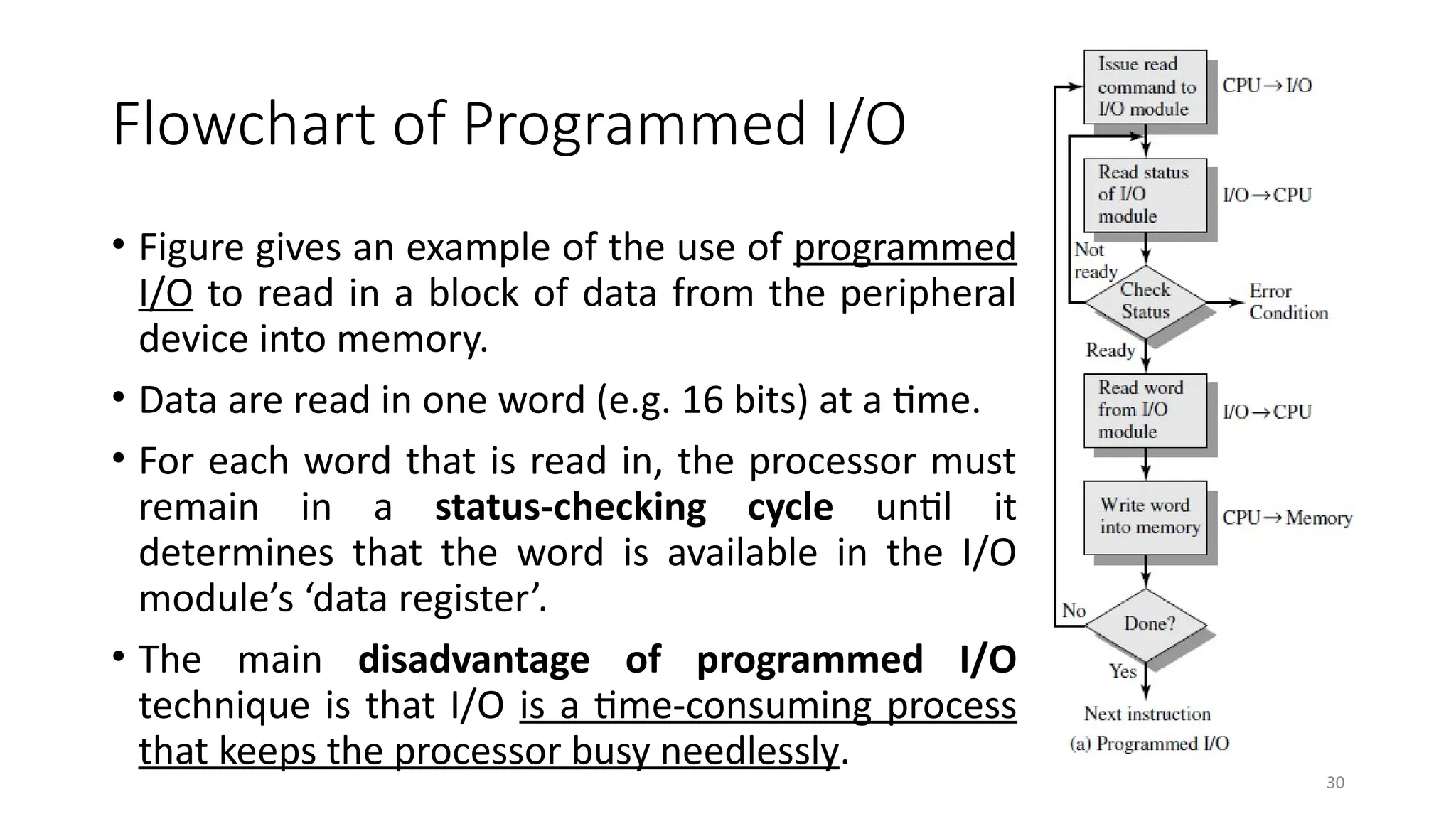 30
Flowchart of Programmed I/O
• Figure gives an example of the use of programmed
I/O to read in a block of data from the peripheral
device into memory.
• Data are read in one word (e.g. 16 bits) at a time.
• For each word that is read in, the processor must
remain in a status-checking cycle until it
determines that the word is available in the I/O
module’s ‘data register’.
• The main disadvantage of programmed I/O
technique is that I/O is a time-consuming process
that keeps the processor busy needlessly.
 