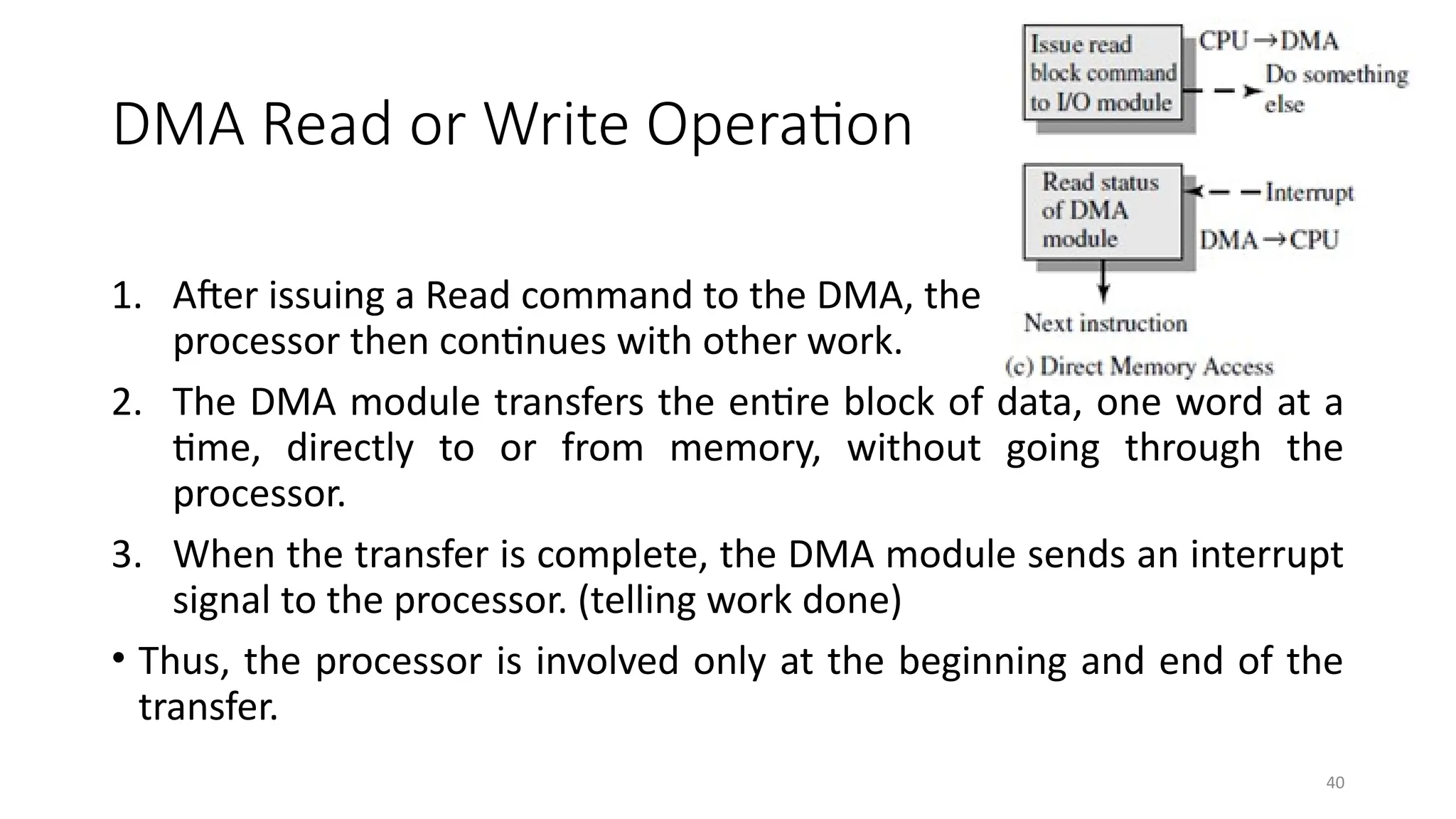 40
DMA Read or Write Operation
1. After issuing a Read command to the DMA, the
processor then continues with other work.
2. The DMA module transfers the entire block of data, one word at a
time, directly to or from memory, without going through the
processor.
3. When the transfer is complete, the DMA module sends an interrupt
signal to the processor. (telling work done)
• Thus, the processor is involved only at the beginning and end of the
transfer.
 