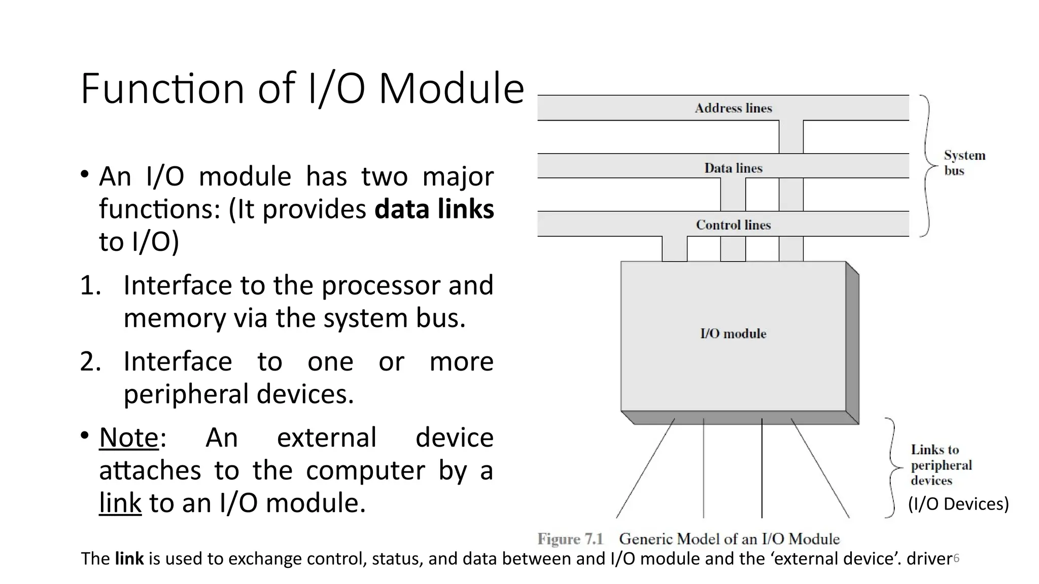 6
Function of I/O Module
• An I/O module has two major
functions: (It provides data links
to I/O)
1. Interface to the processor and
memory via the system bus.
2. Interface to one or more
peripheral devices.
• Note: An external device
attaches to the computer by a
link to an I/O module. (I/O Devices)
The link is used to exchange control, status, and data between and I/O module and the ‘external device’. driver
 