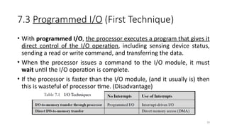 28
7.3 Programmed I/O (First Technique)
• With programmed I/O, the processor executes a program that gives it
direct control of the I/O operation, including sensing device status,
sending a read or write command, and transferring the data.
• When the processor issues a command to the I/O module, it must
wait until the I/O operation is complete.
• If the processor is faster than the I/O module, (and it usually is) then
this is wasteful of processor time. (Disadvantage)
 