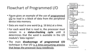 30
Flowchart of Programmed I/O
• Figure gives an example of the use of programmed
I/O to read in a block of data from the peripheral
device into memory.
• Data are read in one word (e.g. 16 bits) at a time.
• For each word that is read in, the processor must
remain in a status-checking cycle until it
determines that the word is available in the I/O
module’s ‘data register’.
• The main disadvantage of programmed I/O
technique is that I/O is a time-consuming process
that keeps the processor busy needlessly.
 