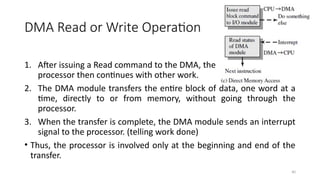 40
DMA Read or Write Operation
1. After issuing a Read command to the DMA, the
processor then continues with other work.
2. The DMA module transfers the entire block of data, one word at a
time, directly to or from memory, without going through the
processor.
3. When the transfer is complete, the DMA module sends an interrupt
signal to the processor. (telling work done)
• Thus, the processor is involved only at the beginning and end of the
transfer.
 