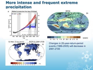 More intense and frequent extreme
precipitation
五天連續雨量上升
五天連續雨量上升 Changes in 20-year-return-period
events (1986-2005) will decrease in
2081-2100
 