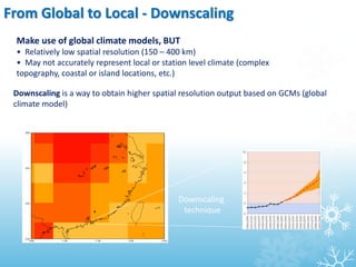 Make use of global climate models, BUT
• Relatively low spatial resolution (150 – 400 km)
• May not accurately represent local or station level climate (complex
topography, coastal or island locations, etc.)
Downscaling is a way to obtain higher spatial resolution output based on GCMs (global
climate model)
Downscaling
technique
From Global to Local - Downscaling
 