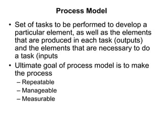Process Model
• Set of tasks to be performed to develop a
particular element, as well as the elements
that are produced in each task (outputs)
and the elements that are necessary to do
a task (inputs
• Ultimate goal of process model is to make
the process
– Repeatable
– Manageable
– Measurable
 