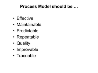 Process Model should be …
• Effective
• Maintainable
• Predictable
• Repeatable
• Quality
• Improvable
• Traceable
 
