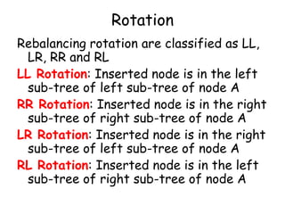 Rotation
Rebalancing rotation are classified as LL,
LR, RR and RL
LL Rotation: Inserted node is in the left
sub-tree of left sub-tree of node A
RR Rotation: Inserted node is in the right
sub-tree of right sub-tree of node A
LR Rotation: Inserted node is in the right
sub-tree of left sub-tree of node A
RL Rotation: Inserted node is in the left
sub-tree of right sub-tree of node A

 