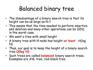 Balanced binary tree
• The disadvantage of a binary search tree is that its
height can be as large as N-1
• This means that the time needed to perform insertion
and deletion and many other operations can be O(N)
in the worst case
• We want a tree with small height
• A binary tree with N node has height at least
(log
N)
• Thus, our goal is to keep the height of a binary search
tree O(log N)
• Such trees are called balanced binary search trees.
Examples are AVL tree, red-black tree.

 