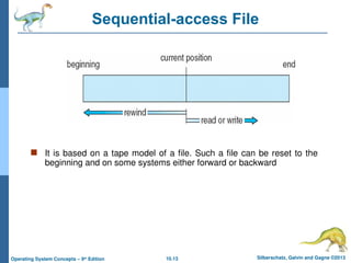 10.13 Silberschatz, Galvin and Gagne ©2013
Operating System Concepts – 9th
Edition
Sequential-access File
 It is based on a tape model of a file. Such a file can be reset to the
beginning and on some systems either forward or backward
 