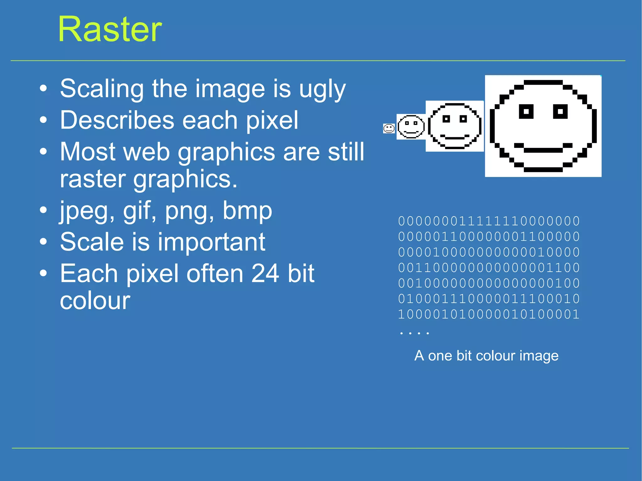 Raster Scaling the image is ugly Describes each pixel Most web graphics are still raster graphics. jpeg, gif, png, bmp Scale is important Each pixel often 24 bit colour 000000011111110000000 000001100000001100000000010000000000010000001100000000000001100001000000000000000100010001110000011100010100001010000010100001 .... A one bit colour image 
