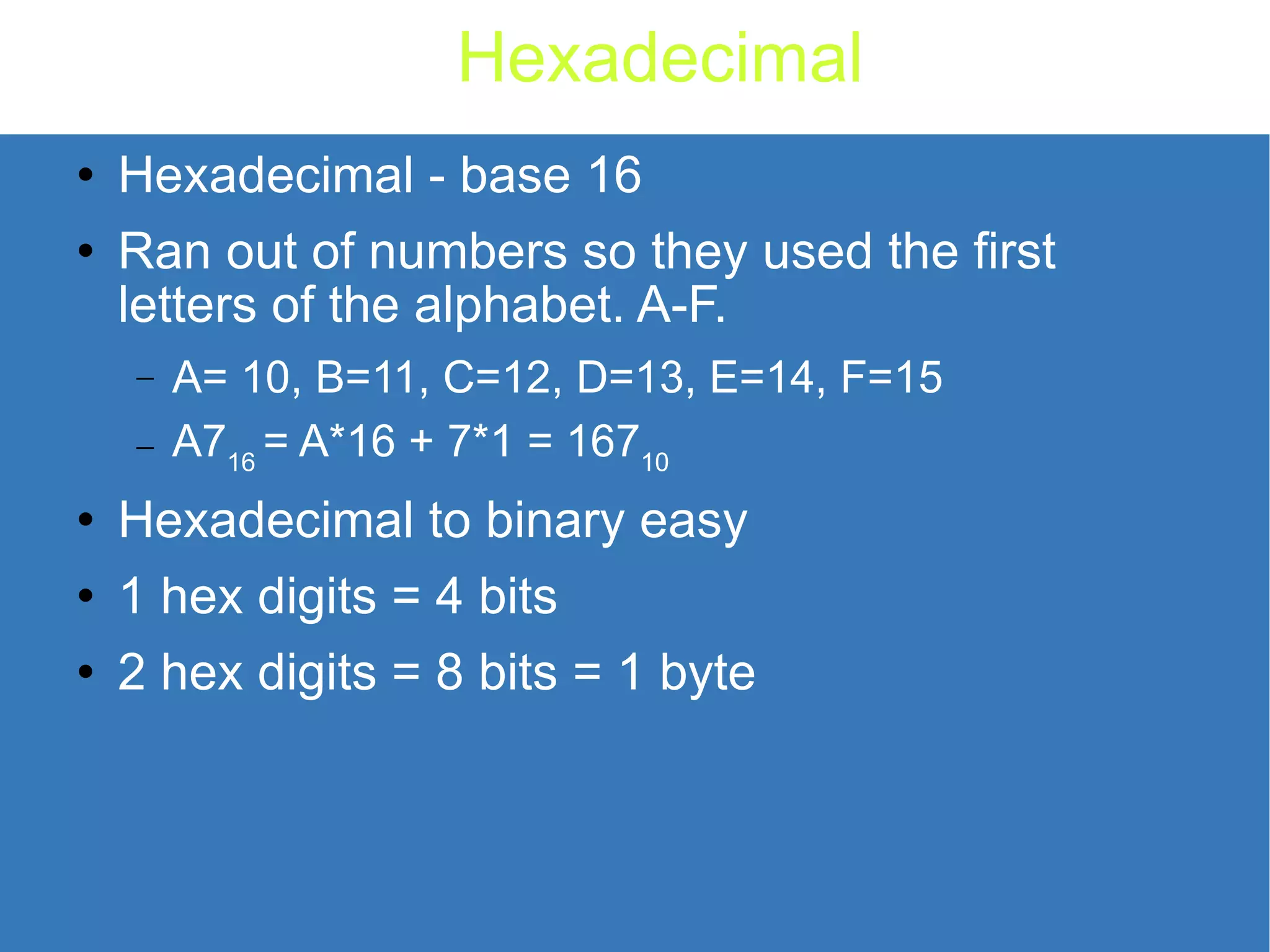 Hexadecimal Hexadecimal - base 16 Ran out of numbers so they used the first letters of the alphabet. A-F. A= 10, B=11, C=12, D=13, E=14, F=15 A7 16 = A*16 + 7*1 = 167 10 Hexadecimal to binary easy 1 hex digits = 4 bits 2 hex digits = 8 bits = 1 byte 