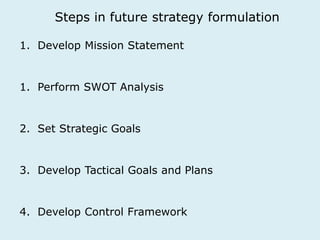 Steps in future strategy formulation 
1. Develop Mission Statement 
1. Perform SWOT Analysis 
2. Set Strategic Goals 
3. Develop Tactical Goals and Plans 
4. Develop Control Framework 
 