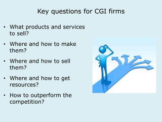 Key questions for CGI firms 
• What products and services 
to sell? 
• Where and how to make 
them? 
• Where and how to sell 
them? 
• Where and how to get 
resources? 
• How to outperform the 
competition? 
 