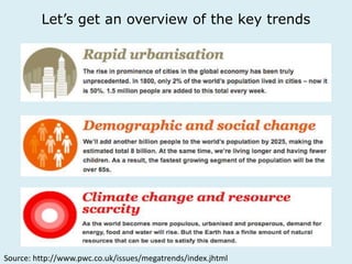Let’s get an overview of the key trends 
Source: http://www.pwc.co.uk/issues/megatrends/index.jhtml 
 