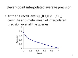 0
0.2
0.4
0.6
0.8
1
0 0.2 0.4 0.6 0.8 1
Precision
Recall
Eleven-point interpolated average precision
• At the 11 recall levels [0,0.1,0.2,…,1.0],
compute arithmetic mean of interpolated
precision over all the queries
20
 