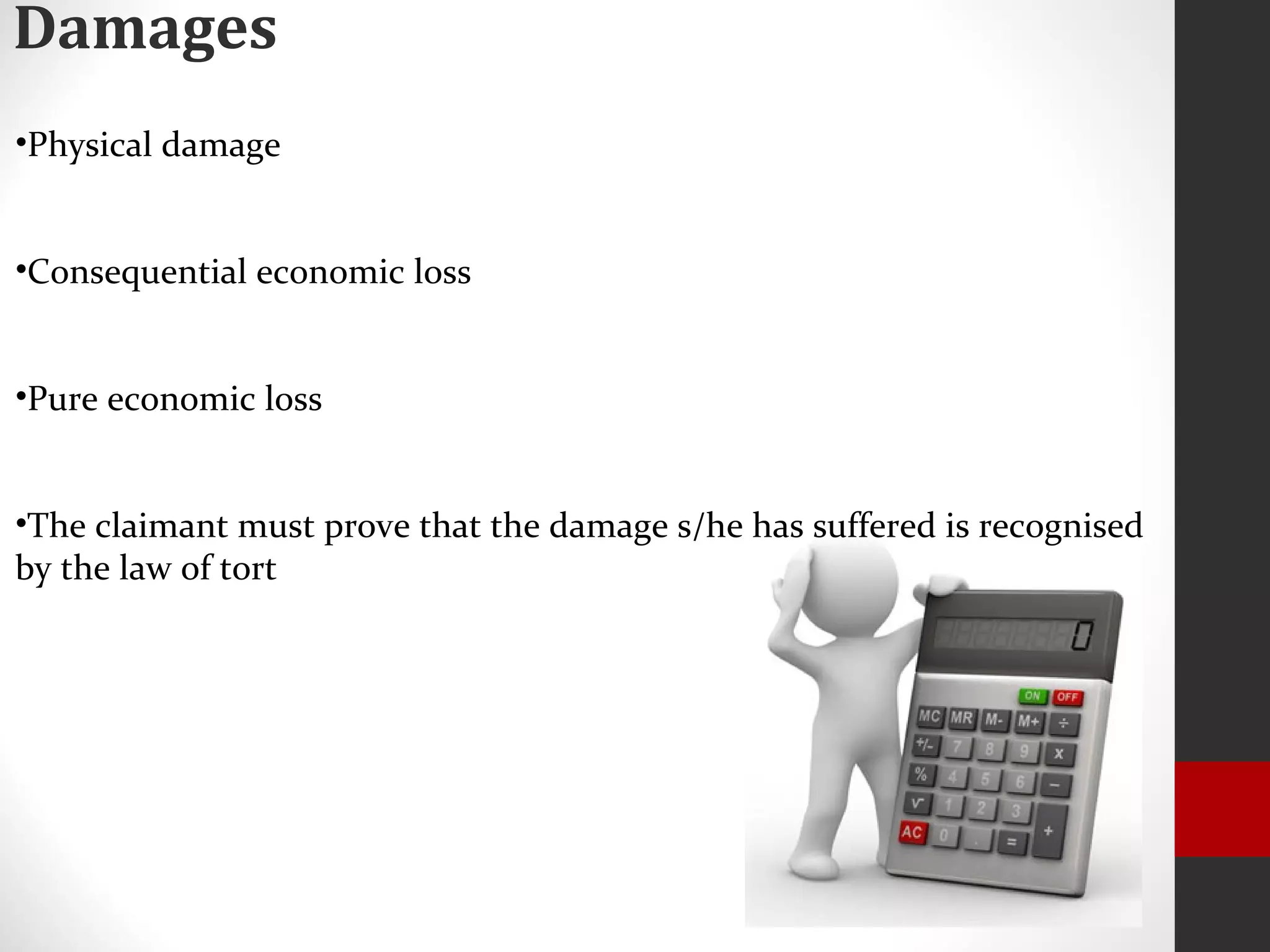 Damages
•Physical damage
•Consequential economic loss
•Pure economic loss
•The claimant must prove that the damage s/he has suffered is recognised
by the law of tort
 