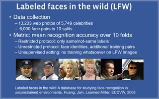 • Data collection
– 13,233 web photos of 5,749 celebrities
– 6,000 face pairs in 10 splits
• Metric: mean recognition accuracy over 10 folds
– Restricted protocol: only same/not-same labels
– Unrestricted protocol: face identities, additional training pairs
– Unsupervised setting: no training whatsoever on LFW images
Labeled faces in the wild: A database for studying face recognition in
unconstrained environments, Huang, Jain, Learned-Miller, ECCVW, 2008
 
