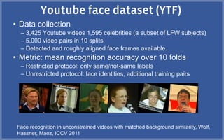 Face recognition in unconstrained videos with matched background similarity, Wolf,
Hassner, Maoz, ICCV 2011
• Data collection
– 3,425 Youtube videos 1,595 celebrities (a subset of LFW subjects)
– 5,000 video pairs in 10 splits
– Detected and roughly aligned face frames available.
• Metric: mean recognition accuracy over 10 folds
– Restricted protocol: only same/not-same labels
– Unrestricted protocol: face identities, additional training pairs
 