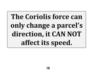 The Coriolis force can
only change a parcel's
direction, it CAN NOT
affect its speed.

18

 