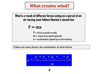 What creates wind?
Wind is a result of different forces acting on a parcel of air.
air moving must follows Newton’s second law

F = ma
F = force (a push or pull)
m = mass of an object (parcel)
a = acceleration (speed up or slow down)
if there are many forces, the acceleration of wind will be

a

F1

F2

F3
m
4

...

Fn

 