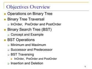 1
Objectives Overview
 Operations on Binary Tree
 Binary Tree Traversal
 InOrder, PreOrder and PostOrder
 Binary Search Tree (BST)
 Concept and Example
 BST Operations
 Minimum and Maximum
 Successor and Predecessor
 BST Traversing
 InOrder, PreOrder and PostOrder
 Insertion and Deletion
 