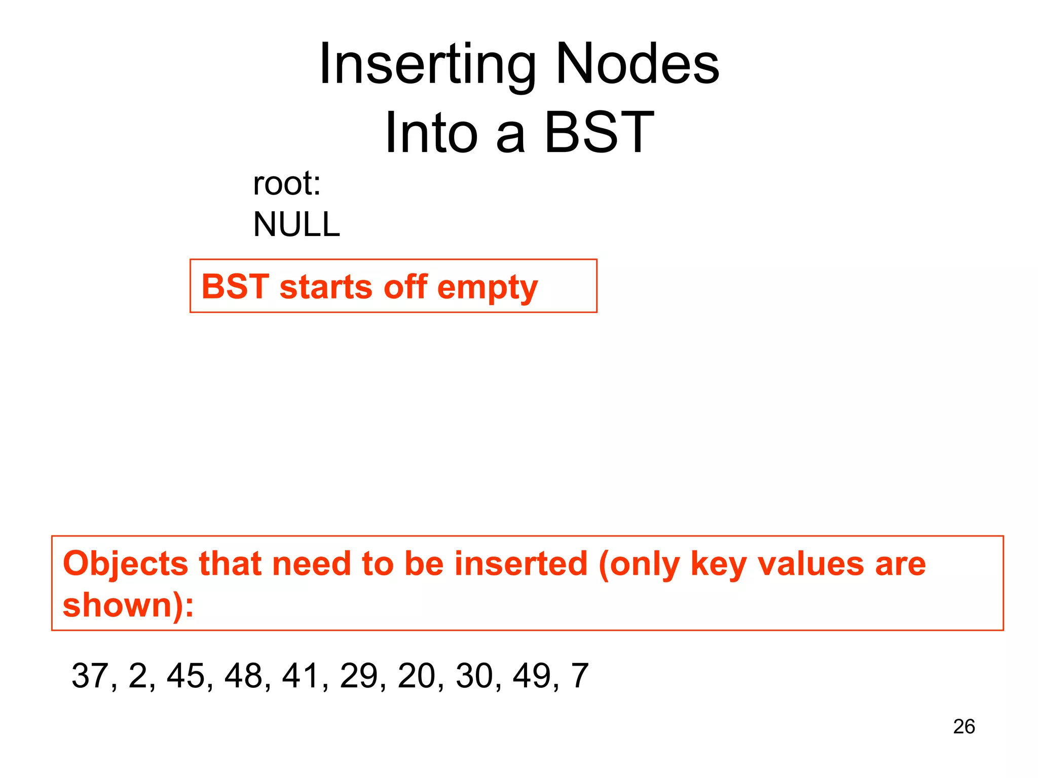 Inserting Nodes Into a BST root: NULL BST starts off empty Objects that need to be inserted (only key values are shown): 37, 2, 45, 48, 41, 29, 20, 30, 49, 7 26 