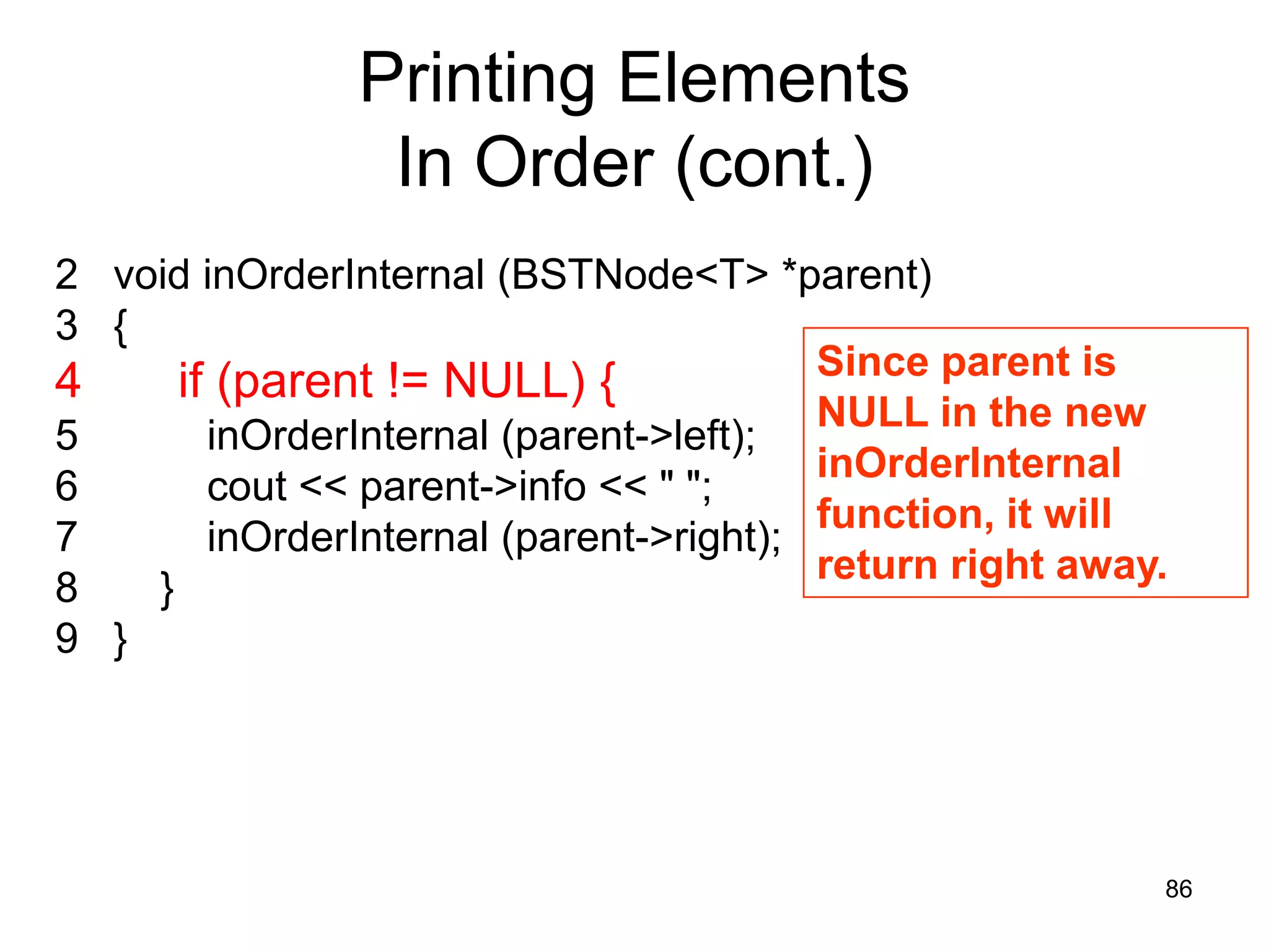 Printing Elements In Order (cont.) 2 void inOrderInternal (BSTNode<T> *parent) 3 { Since parent is 4 if (parent != NULL) { NULL in the new 5 inOrderInternal (parent->left); inOrderInternal 6 cout << parent->info << " "; function, it will 7 inOrderInternal (parent->right); return right away. 8 } 9 } 86 