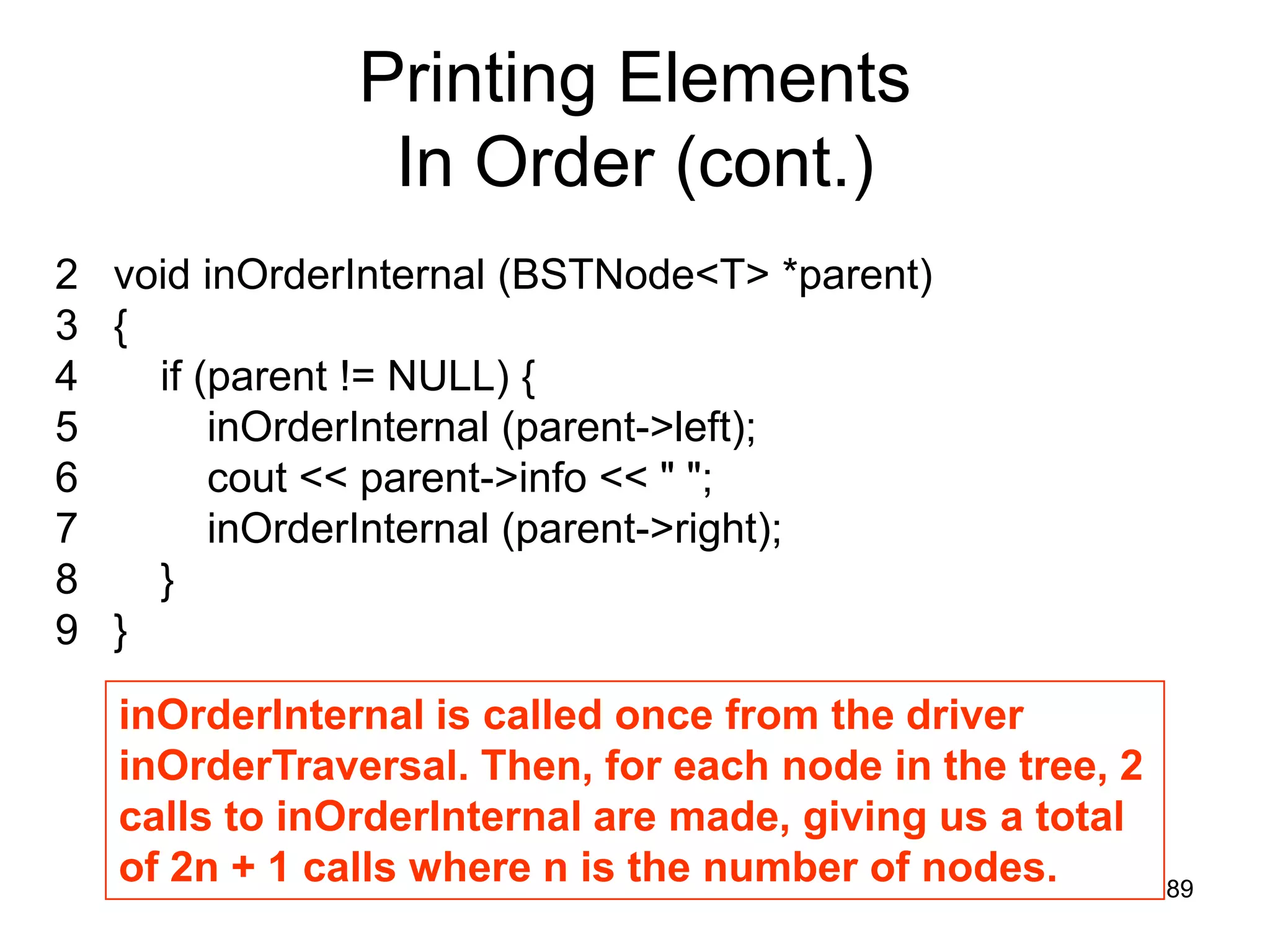 Printing Elements In Order (cont.) 2 void inOrderInternal (BSTNode<T> *parent) 3 { 4 if (parent != NULL) { 5 inOrderInternal (parent->left); 6 cout << parent->info << " "; 7 inOrderInternal (parent->right); 8 } 9 } inOrderInternal is called once from the driver inOrderTraversal. Then, for each node in the tree, 2 calls to inOrderInternal are made, giving us a total of 2n + 1 calls where n is the number of nodes. 89 